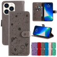 thumbnail image 1 of SaniMore for iPhone 15 Pro 6.1" 2023 Case, PU Leather Skin with Embossed Cat Flip Magnetic Cover Card Slots Kickstand Detachable Lanyard Full Around Wallet Cover for iPhone 15 Pro, Gray, 1 of 6
