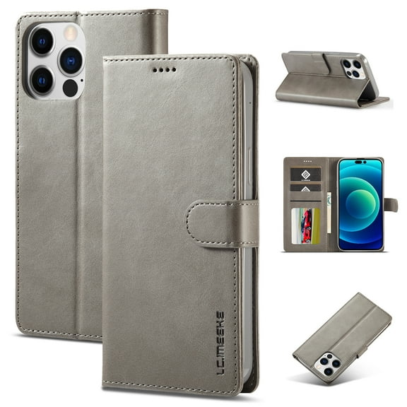 SaniMore for iPhone 15 Pro 6.1" 2023 Case, PU Leather Skin & Soft TPU Inner Shell [Card Holder + Cash Pocket + Flip Kickstand] Magnetic Closure Protective Wallet Cover, Gray