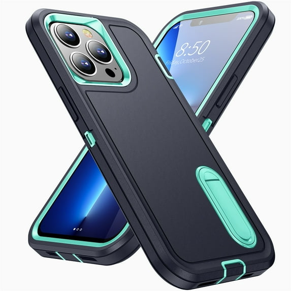 SaniMore for iPhone 15 Pro 6.1" 2023 Hybird Case, Rugged PC Back Shockproof TPU Shell Metal Hidden Kicksatnd Drop Resistant Anti-slip Heavy Duty Protective Case for iPhone 15 Pro, Darkblue+Mint