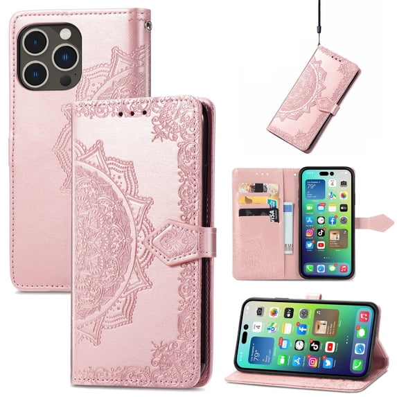 SaniMore for iPhone 15 Pro 6.1" 2023 Wallet Case with Embossed Mandala PU Leather Flip Protection Wrist Strap Credit Card Holder Pocket Kickstand Shockproof Case for iPhone 15 Pro, Rosegold