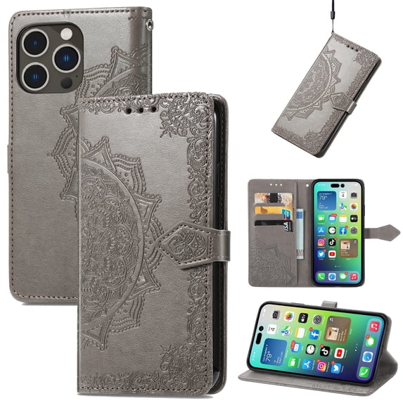 SaniMore for iPhone 15 Pro 6.1" 2023 Wallet Case with Embossed Mandala PU Leather Flip Protection Wrist Strap Credit Card Holder Pocket Kickstand Shockproof Case for iPhone 15 Pro, Gray