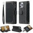 thumbnail image 1 of SaniMore for iPhone 15 Pro (6.1" 2023) Wallet Case with Wrist/Crossbody Lanyard, 3D Lattice PU Leather Flip Kickstand Zipper Purse & Card Slots Magnetic Clasp Shockproof TPU Shell Anti-drop - Black, 1 of 14