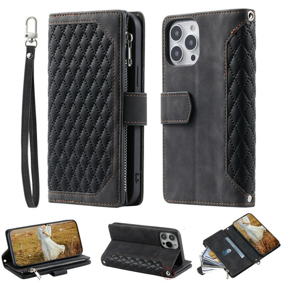 SaniMore for iPhone 15 Pro (6.1" 2023) Wallet Case with Wrist/Crossbody Lanyard, 3D Lattice PU Leather Flip Kickstand Zipper Purse & Card Slots Magnetic Clasp Shockproof TPU Shell Anti-drop - Black