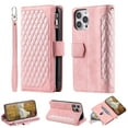 thumbnail image 1 of SaniMore for iPhone 15 Pro (6.1" 2023) Wallet Case with Wrist/Crossbody Lanyard, 3D Lattice PU Leather Flip Kickstand Zipper Purse & Card Slots Magnetic Clasp Shockproof TPU Shell Anti-drop - Rosegold, 1 of 14