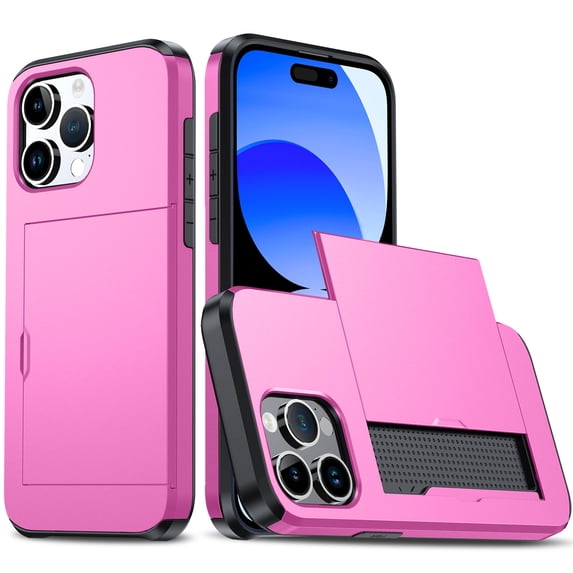 SaniMore for iPhone 15 Pro 6.1" Case with Card Holder, Slim Dual Layer Heavy Duty iPhone 15 Pro 2023 Wallet Case Hidden Sliding Credit Slot Protective Cover for Men Women, Pink
