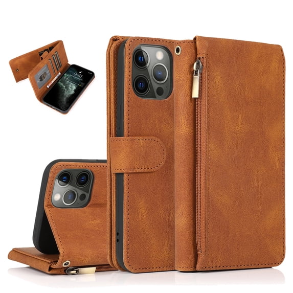 SaniMore for iPhone 15 Pro Case (6.1" 2023) with Zipper Wallet & Wrist Strap & Magnetic Closure Card Slots Kickstand Shockproof Anti-drop Slim Full-around Protective Business Cover, Brown