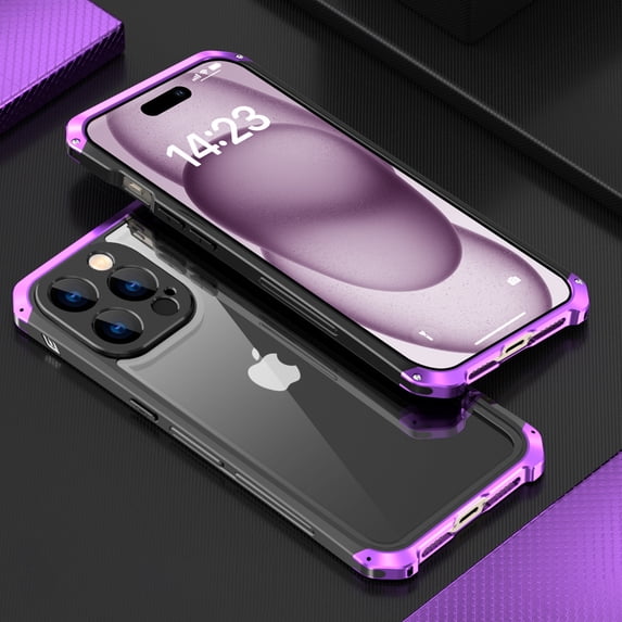 SaniMore for iPhone 15 Pro Case, Aluminum Alloy Glass Backplane Transparent No-yellow Wireless Charing Slim Drop Resistant Shockproof Anti-scratch Military Grade Protective Shell, Blackpurple