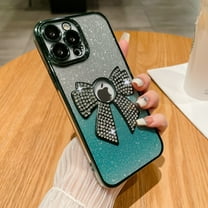 SaniMore for iPhone 15 Pro Case Bowknot Glitter Rhinestone Bling Plating Luxury Women Girl, Shine Diamond Case for iPhone 15 Pro 6.1" 2023 Protective Cover, Clear Gradient Darkgreen