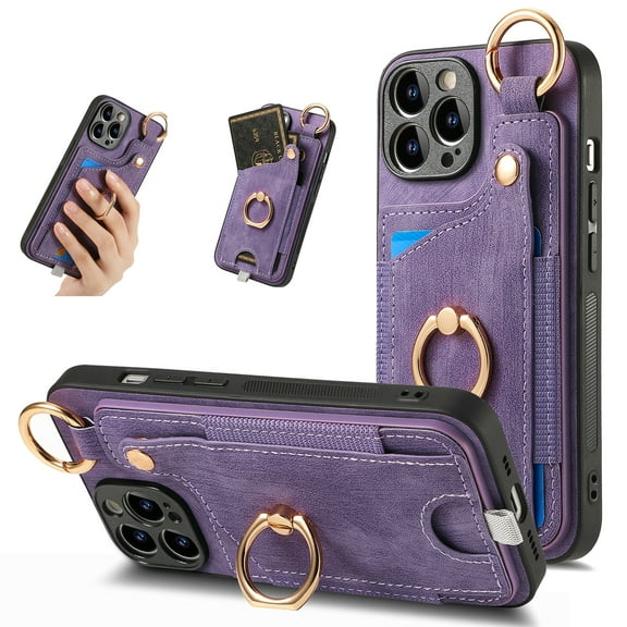 SaniMore for iPhone 15 Pro Case, Card Slots [Up to 2] Carabiner Finger Ring Stand Magnetic Car Mount PU Leather Skin Soft Shockproof TPU Anti-drop Anti-scratch Wallet Shell for iPhone 15 Pro - Purple