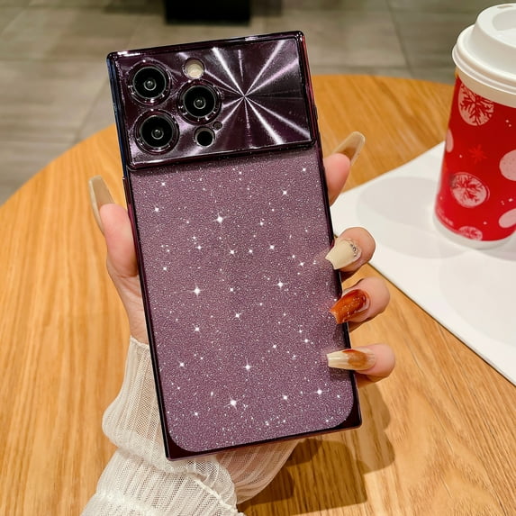 SaniMore for iPhone 15 Pro Case, Glitter Bling Paper Large Window Lens Protection Electroplated Frame Soft TPU Shell Shockproof Anti-drop Slim Lightweight Fashion for Girls Women - Darkpurple