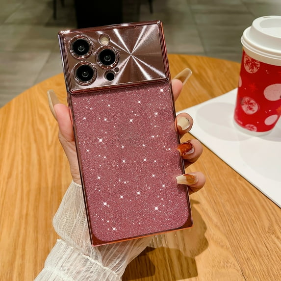 SaniMore for iPhone 15 Pro Case, Glitter Bling Paper Large Window Lens Protection Electroplated Frame Soft TPU Shell Shockproof Anti-drop Slim Lightweight Fashion for Girls Women - Pink