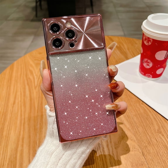 SaniMore for iPhone 15 Pro Case, Gradient Glitter Bling Paper Large Window Lens Protection Electroplated Frame Soft TPU Shockproof Anti-drop Slim Lightweight Fashion for Girls Women, Pink