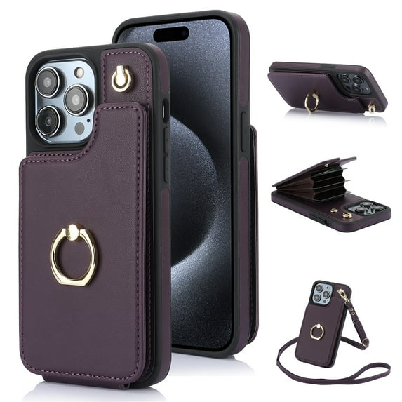 SaniMore for iPhone 15 Pro Case, Luxury PU Leather Card Holders Flip Kickstand Metal Finger Ring Shockproof Drop Resistant Crossbody Lanyard for Girls Women Stylish Accordion Design, Purple