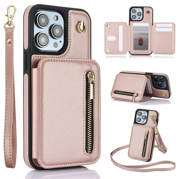 SaniMore for iPhone 15 Pro Case, Luxury PU Leather Card Holders Kickstand Metal Finger Ring Shockproof Drop Resistant Wrist/Crossbody Lanyard for Girls Women Stylish Accordion Design, Rosegold