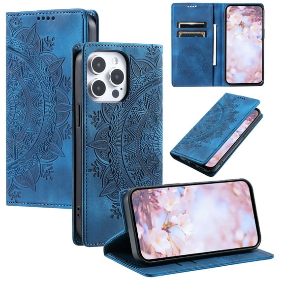 SaniMore for iPhone 15 Pro Case, PU Leather Embosed Mandala Flower Wallet Protective Phone Cover Card Slots Pocket Purse Women Men Kickstand Vintage Shockproof Anti-fall Shell, Blue