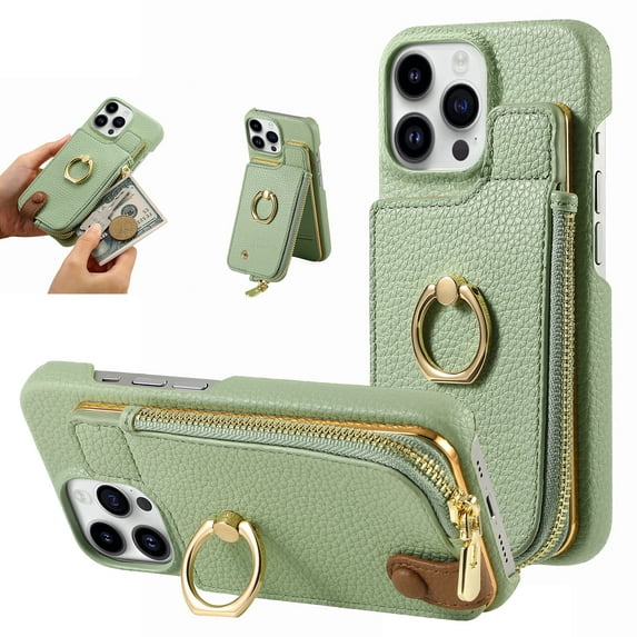 SaniMore for iPhone 15 Pro Case, PU Leather Zipper Purse RFID Blocking Card Slots Flip Kickstand Metal Finger Ring Magnetic Car Mount Shockproof Anti-fall Rugged Wallet Shell for Ladies Men, Mint