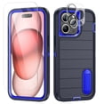 thumbnail image 1 of SaniMore for iPhone 15 Pro Hybird Case, [Tempered Glass Screen Protector] Rugged PC Back Shockproof TPU Shell Hidden Kickstand Drop Resistant Anti-slip Heavy Duty Protective Cover, E-Darkvblue, 1 of 9