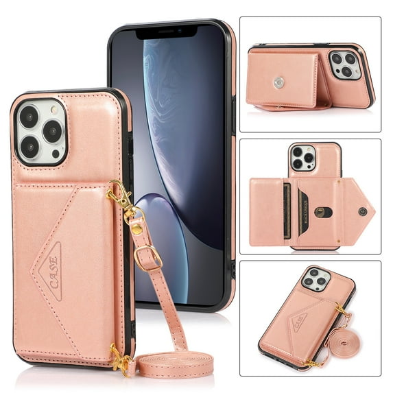 SaniMore for iPhone 15 Pro Max 6.7" 2023 Case with Back Folding Card Pocket Kickstand Detachable Adjustable Crossbody Shoulder Strap PU Leather Shockproof Slim Wallet Cover, Rosegold