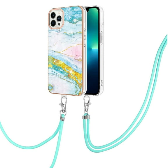 SaniMore for iPhone 15 Pro Max 6.7" 2023 Case with Detachable Crossbody Lanyard Shockproof TPU Backplane Marble Pattern Luxury Fashion Anti-drop Slim Lightweight Cover, Green/Pink