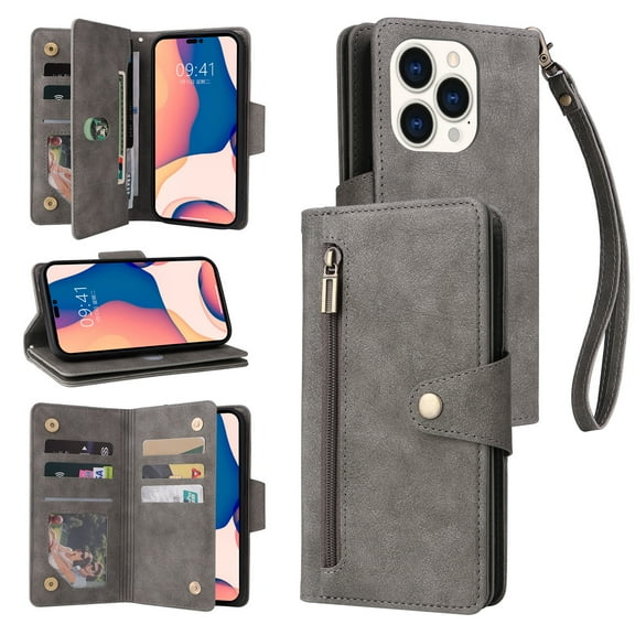 SaniMore for iPhone 15 Pro Max (6.7" 2023) Case, PU Leather 2 in 1 Zipper Wallet Removeable Wris Strap Card Slots Cash Pocket Kickstand Shockproof Anti-fall Full Protective Shell, Gray