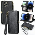 thumbnail image 1 of SaniMore for iPhone 15 Pro Max (6.7" 2023) Case, PU Leather Embossed Lines with Wristlet Zipper Cash Pocket Card Slots Magnetic Flip Stand Full Protective TPU Shell Anti-drop Business Design, Black, 1 of 14
