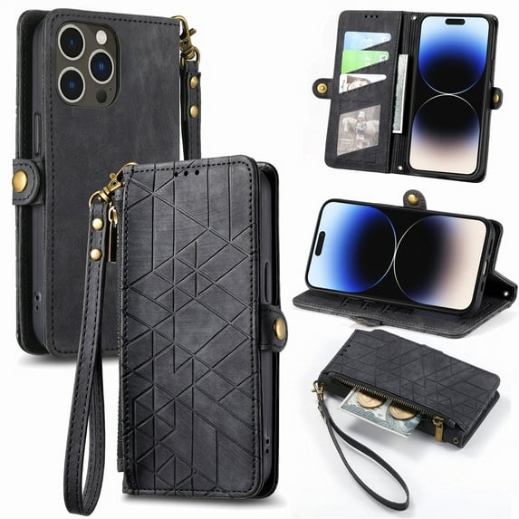 SaniMore for iPhone 15 Pro Max (6.7" 2023) Case, PU Leather Embossed Lines with Wristlet Zipper Cash Pocket Card Slots Magnetic Flip Stand Full Protective TPU Shell Anti-drop Business Design, Black