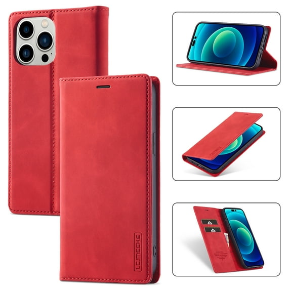 SaniMore for iPhone 15 Pro Max 6.7" 2023 Case, Prumiem PU Leather Wallet Kickstand Cover Magnetic Flip Design Card Slots Shockproof Anti-drop TPU Full Body Protective Shell, Red