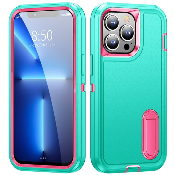 SaniMore for iPhone 15 Pro Max 6.7" 2023 Hybird Case, Rugged PC Back Shockproof TPU Shell Metal Hidden Kicksatnd Drop Resistant Anti-slip Heavy Duty Protective Case for iPhone 15 Pro Max, Mint+Rose