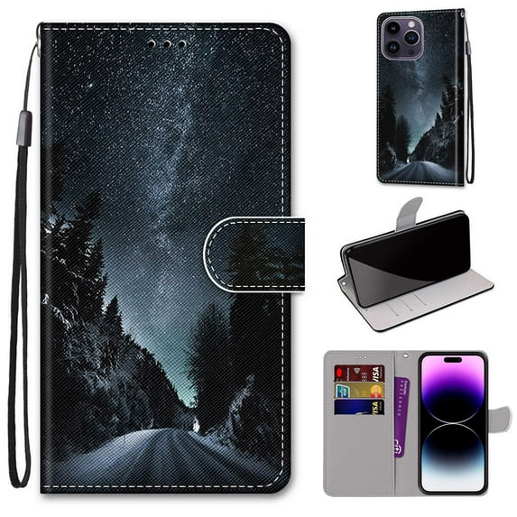 SaniMore for iPhone 15 Pro Max 6.7" 2023 PU Leather Case with Card Slots Detchable Lanyard Color Painting Luxury Pattern Flip Kickstand Shcokproof Wallet Case For iPhone 15 Pro Max, Road
