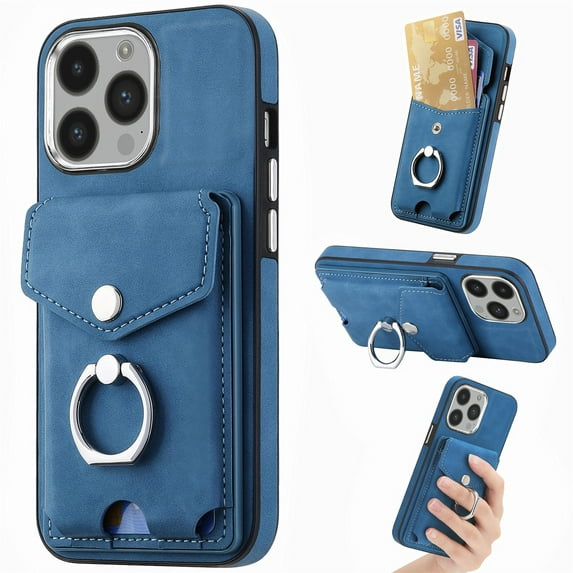 SaniMore for iPhone 15 Pro Max (6.7" 2023) Wallet Case,Back Flip Cash Pocket 360° Rotating Metal Holder Kickstand PU Leather Shockproof TPU Card Slots Magnetic Car Mount Wear-resistant Shell, Blue