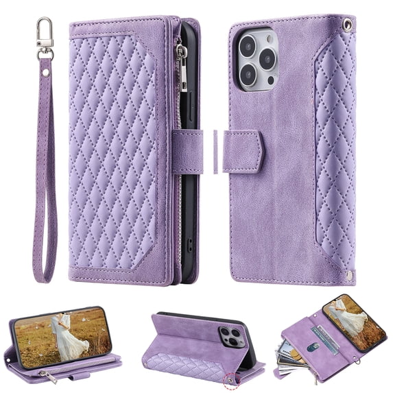 SaniMore for iPhone 15 Pro Max (6.7" 2023) Wallet Case, Wrist/Crossbody Lanyard, 3D Lattice PU Leather Flip Kickstand Zipper Purse & Card Slots Magnetic Clasp Shockproof TPU Shell Anti-drop - Purple