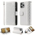 thumbnail image 1 of SaniMore for iPhone 15 Pro Max (6.7" 2023) Wallet Case, Wrist/Crossbody Lanyard, 3D Lattice PU Leather Flip Kickstand Zipper Purse & Card Slots Magnetic Clasp Shockproof TPU Shell Anti-drop - White, 1 of 14