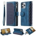 thumbnail image 1 of SaniMore for iPhone 15 Pro Max (6.7" 2023) Wallet Case, Wrist/Crossbody Lanyard, 3D Lattice PU Leather Flip Kickstand Zipper Purse & Card Slots Magnetic Clasp Shockproof TPU Shell Anti-drop - Blue, 1 of 14