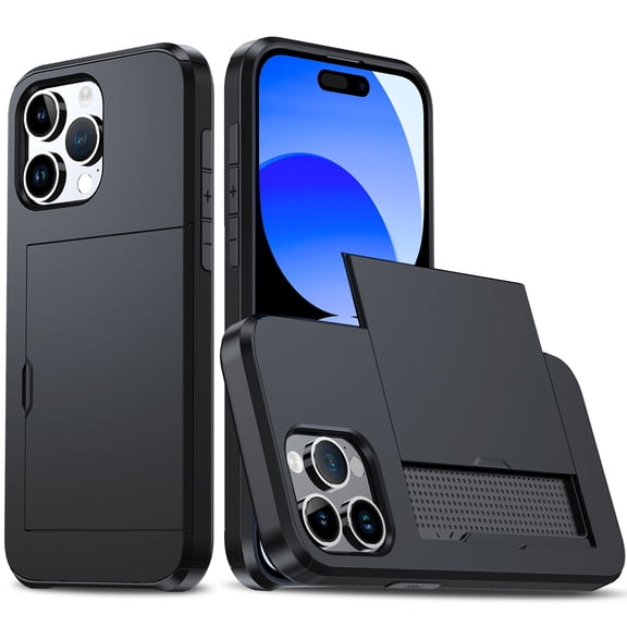 SaniMore for iPhone 15 Pro Max 6.7" Case with Card Holder, Slim Dual Layer Heavy Duty iPhone 15 Pro Max 2023 Wallet Case Hidden Sliding Credit Slot Protective Cover for Men Women, Black