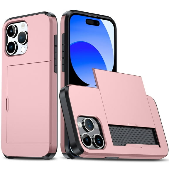 SaniMore for iPhone 15 Pro Max 6.7" Case with Card Holder, Slim Dual Layer Heavy Duty iPhone 15 Pro Max 2023 Wallet Case Hidden Sliding Credit Slot Protective Cover for Men Women, Rosegold