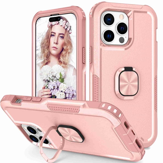 SaniMore for iPhone 15 Pro Max 6.7" Magnetic Case, Rugged PC & TPU Bumpers with Car Mount & Ring Kickstand Heavy Duty Full Body Protective Case for 15 Pro Max Women Men, Rosegold