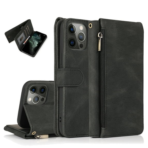 SaniMore for iPhone 15 Pro Max Case (6.7" 2023) with Zipper Wallet & Wrist Strap & Magnetic Closure Card Slots Kickstand Shockproof Anti-drop Slim Full-around Protective Business Cover, Black
