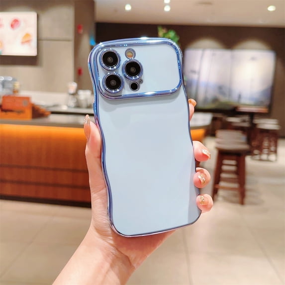 SaniMore for iPhone 15 Pro Max Case, Electroplated Wave Bumper Design Camera Large Window (with Lens Film) Full Protection Stylish Slim Lightweight Anti-drop for Girls Women,Blue