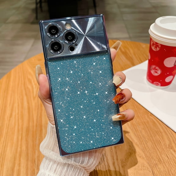 SaniMore for iPhone 15 Pro Max Case, Glitter Bling Paper Large Window Lens Protection Electroplated Frame Soft TPU Shell Shockproof Anti-drop Slim Lightweight Fashion for Girls Women - Blue