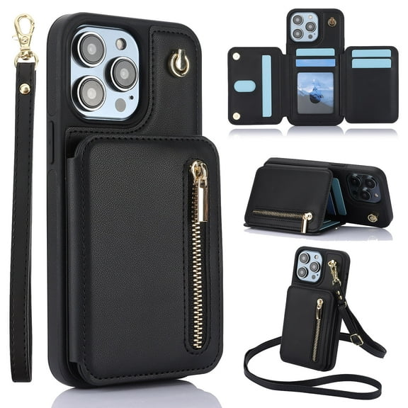 SaniMore for iPhone 15 Pro Max Case, Luxury PU Leather Card Holders Kickstand Metal Finger Ring Shockproof Drop Resistant Wrist/Crossbody Lanyard for Girls Women Stylish Accordion Design, Purple