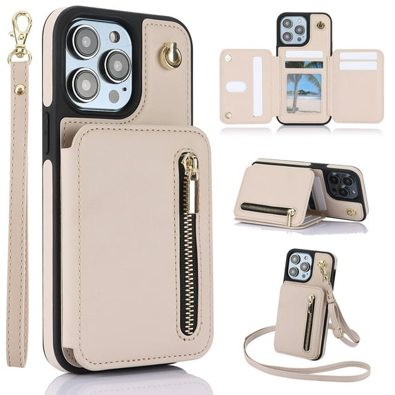 SaniMore for iPhone 15 Pro Max Case, Luxury PU Leather Card Holders Kickstand Metal Finger Ring Shockproof Drop Resistant Wrist/Crossbody Lanyard for Girls Women Stylish Accordion Design, Apricot