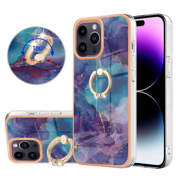 SaniMore for iPhone 15 Pro Max Case, Marble Pattern 3 in 1 Heavy Duty Shockproof Full Body Hard PC+IMD Bumper Drop Protective Women Girls Cover Rotating Ring Bracket Stand for iPhone 15 Pro Max,Purple