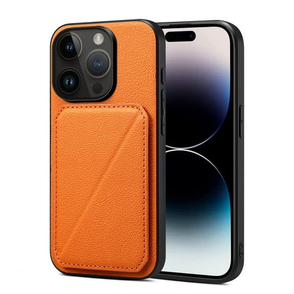 SaniMore for iPhone 15 Pro Max Case, PU Leather Skin & Rugged PC Backplane Card Slots [Up to 2] Shockproof Anti-fall Flip Kickstand Slim Lightweight Business Shell for iPhone 15 Pro Max, Orange