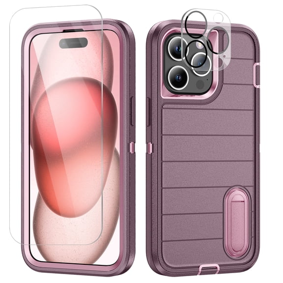 SaniMore for iPhone 15 Pro Max Hybird Case, [Tempered Glass Screen Protector] Rugged PC Back Shockproof TPU Shell Hidden Kickstand Drop Resistant Anti-slip Heavy Duty Protective Cover, G-Purple/Pink