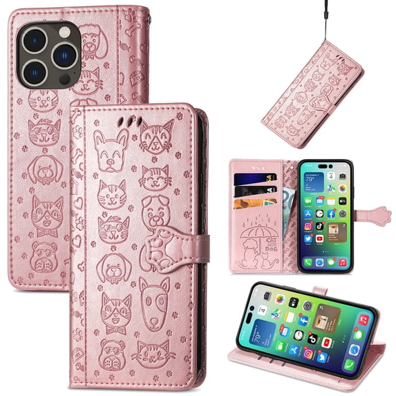 SaniMore for iPhone 15 Pro Max PU Leather Flip Wallet Case, Cat Dog Cartoon Cute Style with ID Card Holder Kickstad Cover Case with Wrist Strap for iPhone 15 Pro Max 6.7" 2023, Rosegold