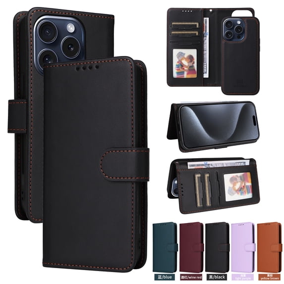 SaniMore for iPhone 15 Pro Max Wallet Case, Detachable Strong Magnetic PU Leather Flip Cover PU Leather with Magnetic Shell Card Slots Cash Pocket Wristlet Strap Full Protective Stand Shell, Black