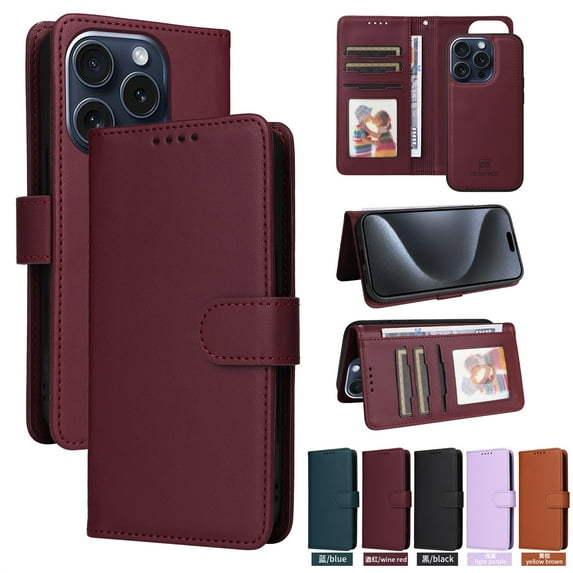 SaniMore for iPhone 15 Pro Max Wallet Case, Detachable Strong Magnetic PU Leather Flip Cover PU Leather with Magnetic Shell Card Slots Cash Pocket Wristlet Strap Full Protective Stand Shell, Winered