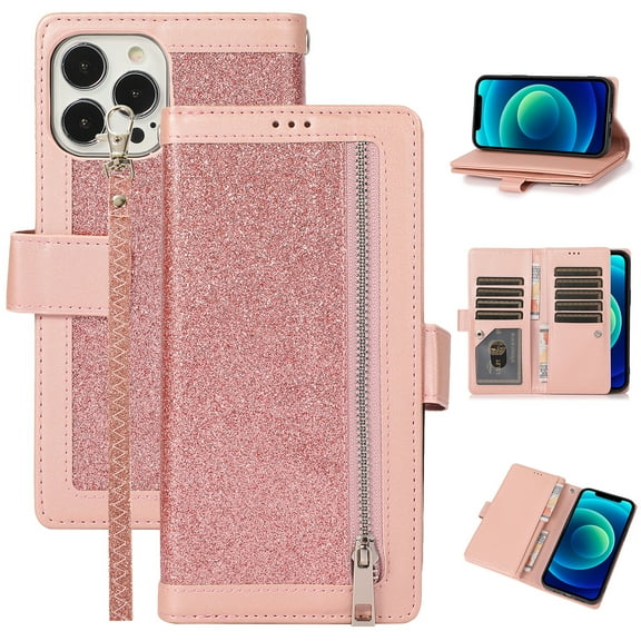 SaniMore for iPhone 15 Pro Max Wallet Case, Glitter PU Leather for Girls Women Zipper Purse Card Slots Cash Pocket Hand Rope Flip Kickstand Shockproof TPU Inner Magnetic Clasp Protective Shell, Pink