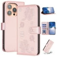 thumbnail image 1 of SaniMore for iPhone 15 Pro Max Wallet Case, PU Leather Embossed Flower Adjustable Stand Card Slots Cash Pocket Business Shell Styllish Full Protective Shockproof Anti-drop TPU Inner Retro Design, Pink, 1 of 11