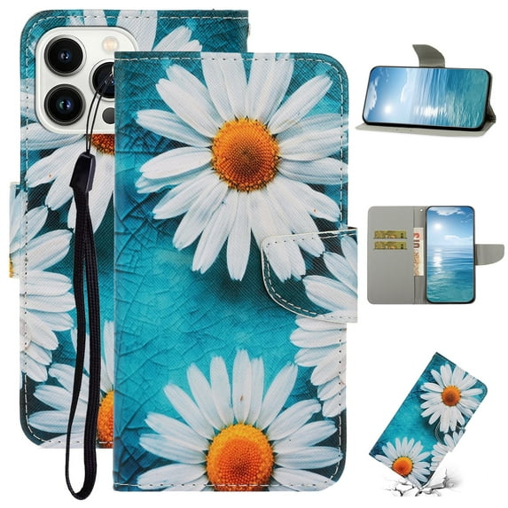 SaniMore for iPhone 15 Pro Max Wallet Case, Painted PU Leather for Women Men with Wrist Strap Magnetic Clasp Card Slots All-around Protective Shockproof Anti-fall Stylish Stand Shell, A-Chrysanthemum